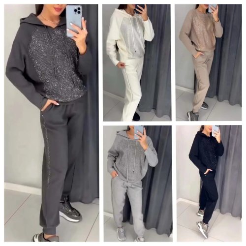 Conjunto 2 Piezas Sudadera y Jogger para Mujer - Oversize con Strass y Capucha con Cordón