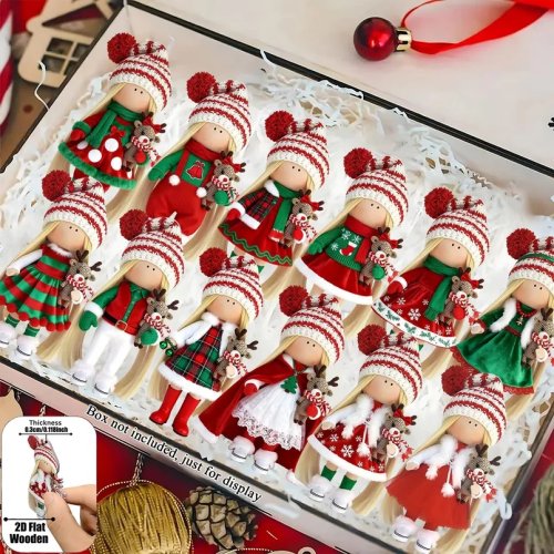 12 Stuks Kerstornamenten van Hout Meisje met Gestreepte Hoed, 2D Elf Figuren om op te hangen, Decoratie voor Kerstboom en Thuis