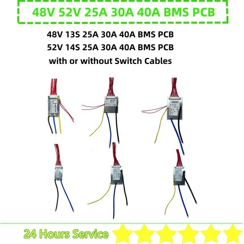 BMS PCB voor Li-ion accu 48V 52V 13S 14S 25A 30A 40A met schakelaar en kabels