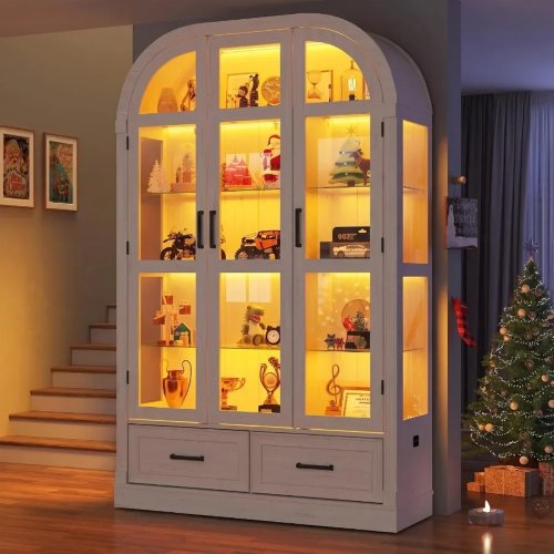 Vitrine Arqueada de 74" com Portas de Vidro e Gavetas, Luzes 3 Cores com Sensor de Movimento, Vitrine de Vidro, Expositor de 5 Níveis