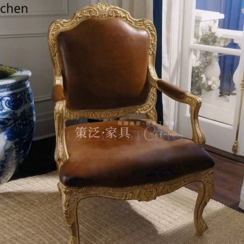 Kursi Meja Vintage Distressed Gaya Prancis Emas Kayu Solid Kulit Asli Sofa Tunggal