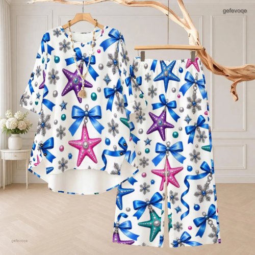 Women's Starfish & Blue Bow Print Two-Piece Set - Round Neck 3/4 Sleeve High-Low Top & Long Pants