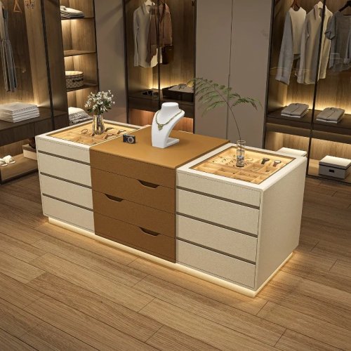 Nordischer kreativer Walk-in-Closet-Insel Schrank mit LED-Licht, luxuriöser Stauraum-Schubladenschrank, Wohnmöbel