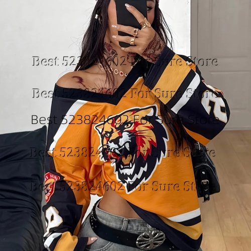 Jersey de hockey para mujer con estampado de tigre, cuello V, manga larga, camiseta, bloques de color, rayas, holgada, deportiva, streetwear, tops, uso diario casual
