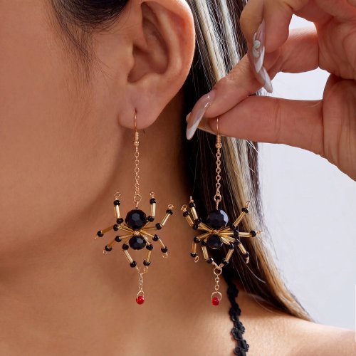 Pendientes colgantes de araña con abalorios hechos a mano para mujer, colgante de cristal rojo, borla larga, joyería cosplay Halloween