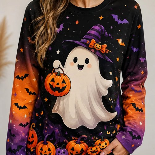 レディース ハロウィン 長袖Tシャツ かわいい カボチャ グラフィック 秋 カジュアルトップス（プリントデザイン・生地に凹凸なし）