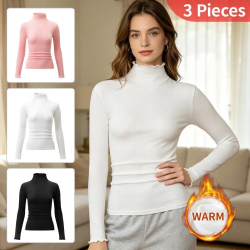 3-Piece Women's High Neck Long Sleeve Thermal Tops – Warm Base Layer for Fall/Winter, Solid & Multi Color, Casual Sports Inner Shirt