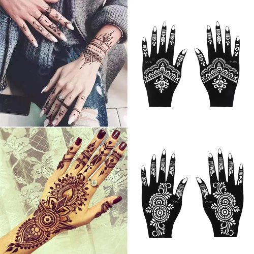 Plantilla para tatuaje de henna, 1 par – Plantilla temporal para mano y cuerpo, pintura para boda india, herramienta de kit de henna