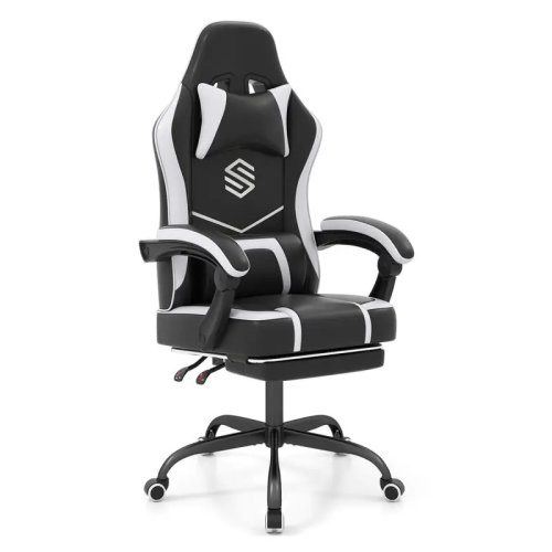 Silla gaming ergonómica negra con reposacabezas, silla de oficina y ordenador regulable en altura