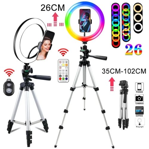 Đèn LED ring light RGB 10 inch kèm chân tripod, đèn fill light selfie 33 màu điều chỉnh độ sáng cho trang điểm và livestream YouTube