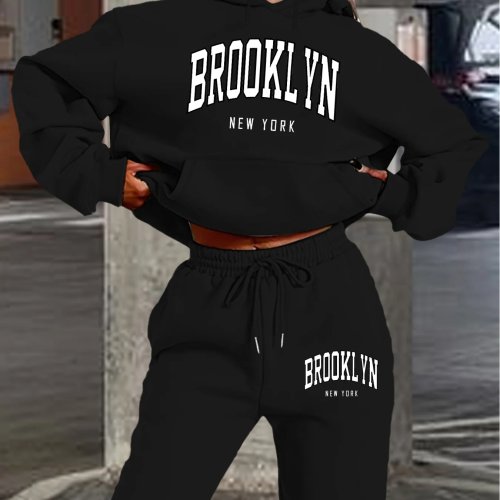 Conjunto de sudadera con capucha y pants para mujer, otoño invierno, casual, estampado letras Brooklyn New York, polar grueso, cálido