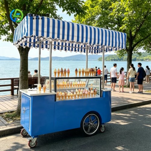 Gerobak Es Krim Display Jalanan Taman Custom dengan Kanopi Bergaris – Gerobak Mobile untuk Katering Ulang Tahun, Pernikahan, Festival & Acara Outdoor
