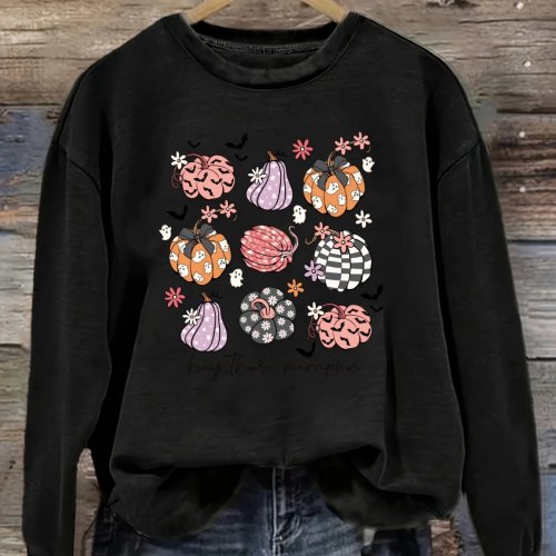 レディース ハロウィン Tシャツ – 「Hey There Pumpkin」プリント、長袖、クルーネック、ゆったりシルエット、秋冬用
