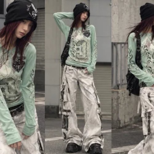 Y2Kグランジ レディース長袖Tシャツ – 2000年代ヴィンテージ風エステティック スリムフィット グラフィックプリント 原宿パンク レトロストリートウェア