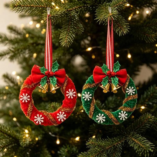 Weihnachtskranz zum Aufhängen, Samt-Deko mit Ring, Schneeflocke, Schleife, Glockenanhänger, Tür- und Baumdeko, Geschenk