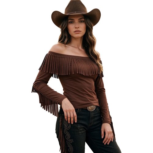 Blus Wanita Off Shoulder Lengan Panjang Rumbai Warna Solid Stretch Atasan Cowgirl Pesta