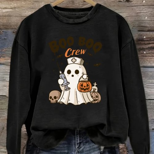 Damen Langarmshirt mit Rundhalsausschnitt Boo Boo Crew Geister-Halloween-Motiv, lockerer Casual-Schnitt, waschmaschinenfest, Herbst-Winter-Top