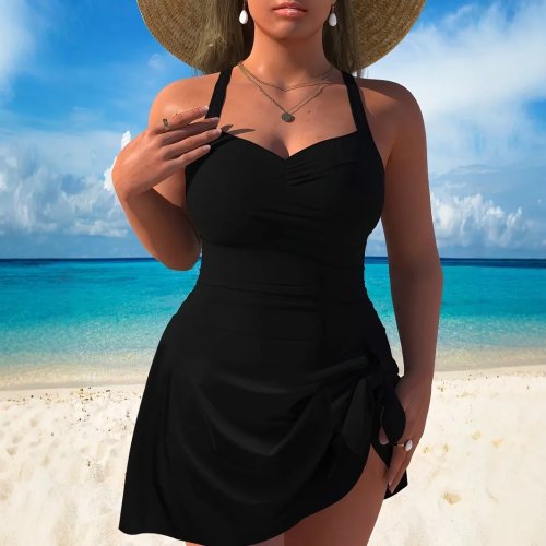 Costume da bagno donna taglia forte con scollo halter, busto arricciato, vita alta, nero tinta unita con gonna a portafoglio