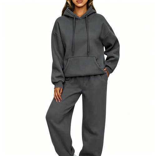 Completo Felpa con Cappuccio Donna Inverno Tinta Unita 2 Pezzi Lungo Streetwear Casual Sport Pantaloni della Tuta Unisex