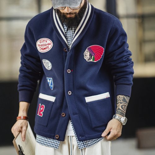 Veste baseball polaire homme Maden Vintage color block col châle thermique courte avec écusson brodé automne hiver