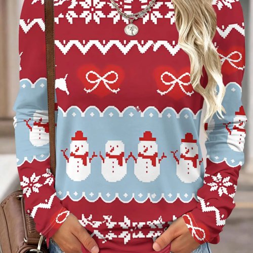 Maglia a maniche lunghe da donna con stampa natalizia pupazzo di neve e fiocchi, collo rotondo, raglan, top casual per le feste