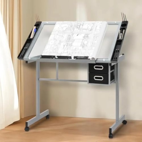 Bàn vẽ kỹ thuật mặt kính cường lực, chiều cao điều chỉnh 28-36 inch, góc nghiêng 0-66 độ, khung thép hợp kim, Art Deco