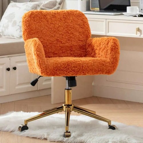 Faux Fur Home Office Chair with Wheels, Gold Metal Base Vanity Desk Chair, Comfortable Stylish Computer Chair for Living Room