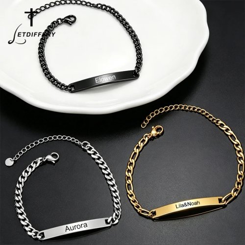 Letdiffery Pulsera Personalizada con Nombre para Mujer Hombre, Acero Inoxidable Grabado Letras Fecha Logo Barra Pulsera, Regalo Joyería