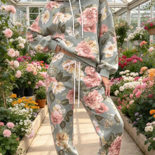 Conjunto deportivo para mujer con estampado floral grande, sudadera con capucha y jogger con puños, 2 piezas