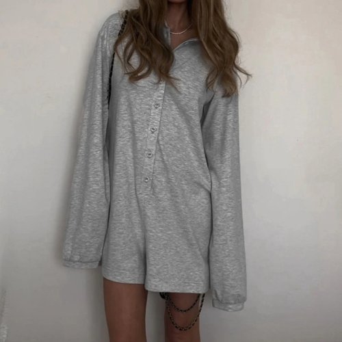 Women's Grey Loose Button-Up Long Sleeve Romper Y2K Harajuku Streetwear Playsuit