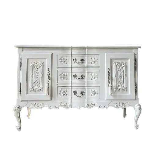 French Country Solid Wood Dining Side Cabinet with Carved Curved Legs, White Retro Storage Console for Entryway