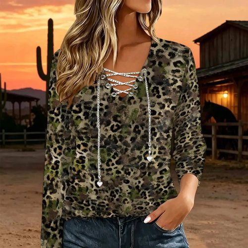 Top Femme Col V Manches Longues Chaîne Métallique Croisé Laçage Découpe Blouse Décontractée Ample Impression Personnalisée T-shirt Style Western