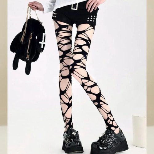 Women's Ripped Fishnet Tights – Edgy Punk Distressed Stockings, Y2K Grunge Goth Aesthetic, Anti-Slip Stretch Pantyhose