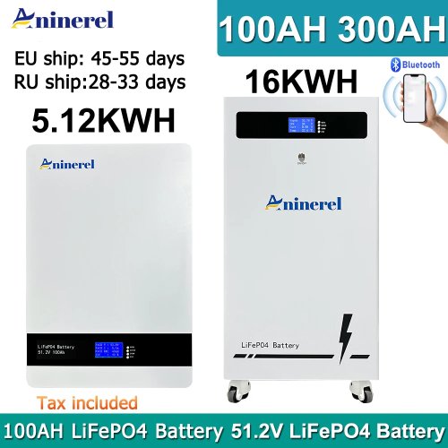 Aninerel LiFePO4 배터리 51.2V 314AH 100AH 6000+ 사이클 내장 BMS 16KWH 15개 병렬 지원 태양광 시스템