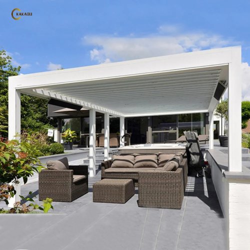 KAKADU Pergola Bioklimatik Modern dengan Motor dan Tirai, Aluminium Powder Coating Tahan Air, Ukuran Custom, Ramah Lingkungan