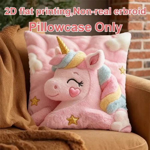 Cute Unicorn Plush Pillowcase with Rainbow Tail & Stars, Pink Magical Cushion Cover, Zipper, Machine Washable Bed & Sofa Decor (No Insert)