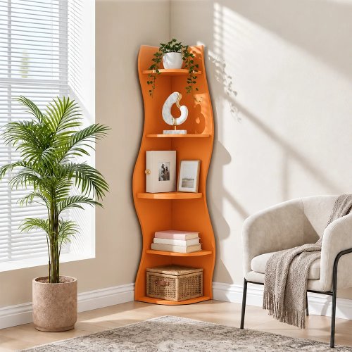 Scaffale angolare a 5 livelli, libreria angolare moderna ondulata, scaffale alto per soggiorno, camera da letto, cucina, ufficio, salvaspazio con bordi arrotondati