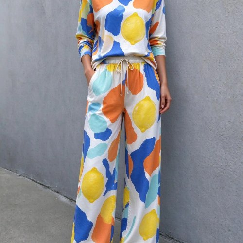Pijama para Mujer de Imitación Algodón - Estampado Abstracto Arte Líquido Crema Multicolor, Cuello Redondo Manga Larga 2 Piezas, Ropa de Dormir