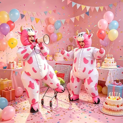 Grappig opblaasbaar roze koeienkostuum, unisex dierenpak voor volwassenen voor festival, maskerade en rollenspel, batterij niet inbegrepen