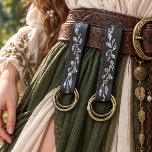 Ceinture médiévale en similicuir PU pour retrousser jupe avec double anneau, porte-robe motif vigne pour accessoire cosplay LARP Renaissance elfe druide ranger