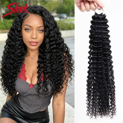 Sleek Feathered Crochet з натурального волосся для кіс, Deep Wave, Raw Wet & Wavy, попередньо розділені нарощування