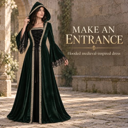 Vestido medieval renascentista com capuz para mulher, vestido maxi gótico de veludo com debrum dourado e mangas de renda, fantasia de bruxa/elfa para Halloween