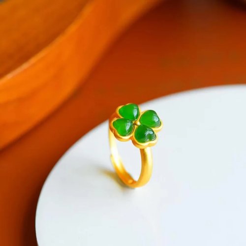 Anillo de trébol de cuatro hojas de jade verde natural - Anillo ajustable vintage para mujer, bañado en oro 18K, regalo