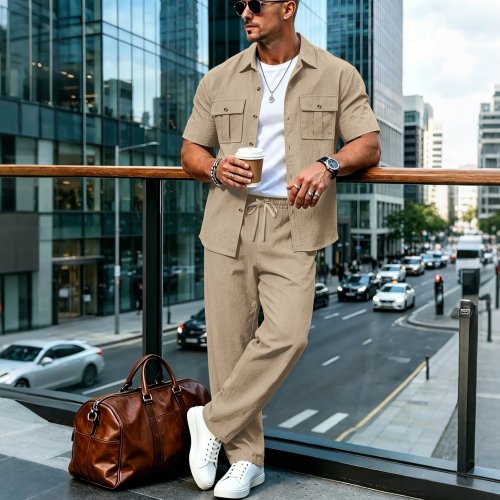 Ensemble 2 pièces homme lin été plage décontracté sport extérieur chemise manches courtes + pantalon long double poche