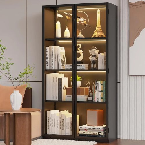 Vetrina per soggiorno, ante in vetro temperato, finitura nera, illuminazione LED e 3 ripiani regolabili per oggetti da collezione