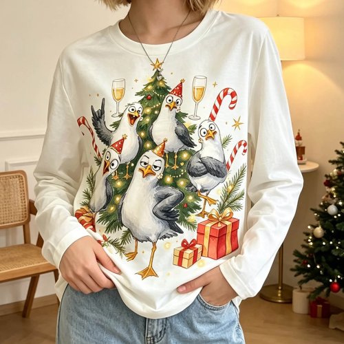 Áo Thun Nữ Tay Dài In Hình Chim Hải Âu Giáng Sinh Hoạt Hình Cổ Tròn Áo Thường Ngày Dự Tiệc