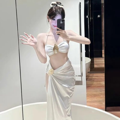 여성 섹시 비키니 세트 롱 스커트 하이웨이스트 수영복 커버업 비치 원피스 여름 휴가룩