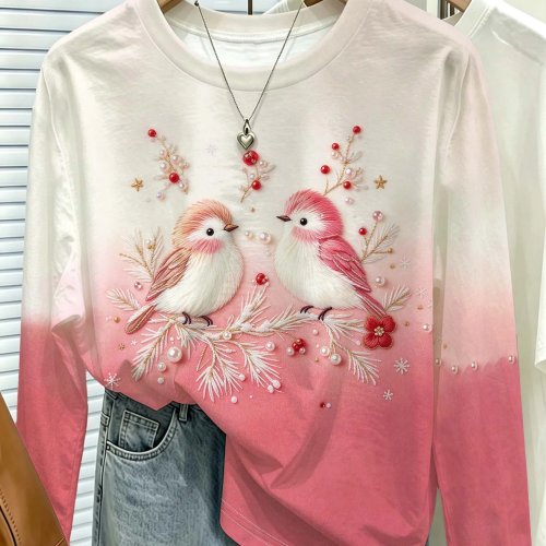 Damen Langarmshirt mit Stickerei, Vogel- und Blumenprint, Rundhals, Farbverlauf, Casual Top