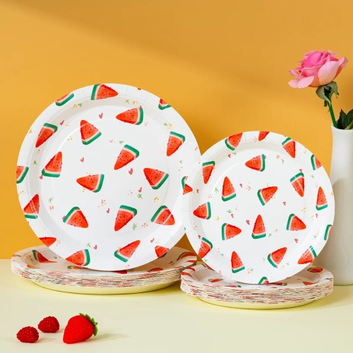Pratos de papel de melancia fofos – Pratos descartáveis com estampa de fruta fresca para churrasco de verão, festa na piscina e decoração de aniversário tropical