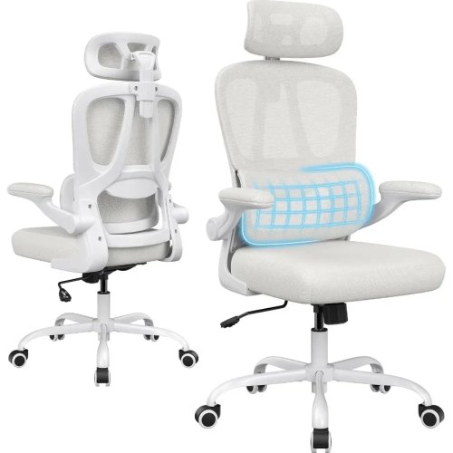 Ergonomic Office Chair with Headrest for Home Office and Gaming, Beige Mesh High Back with Lumbar Support, 350 LBS Capacity, 90